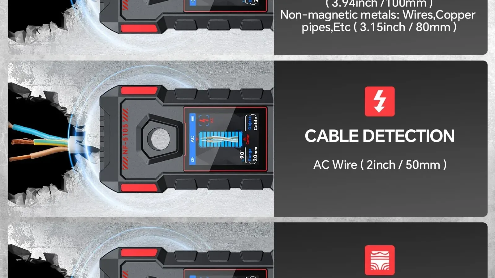 Wall scanner detecting AC wires behind a wall.