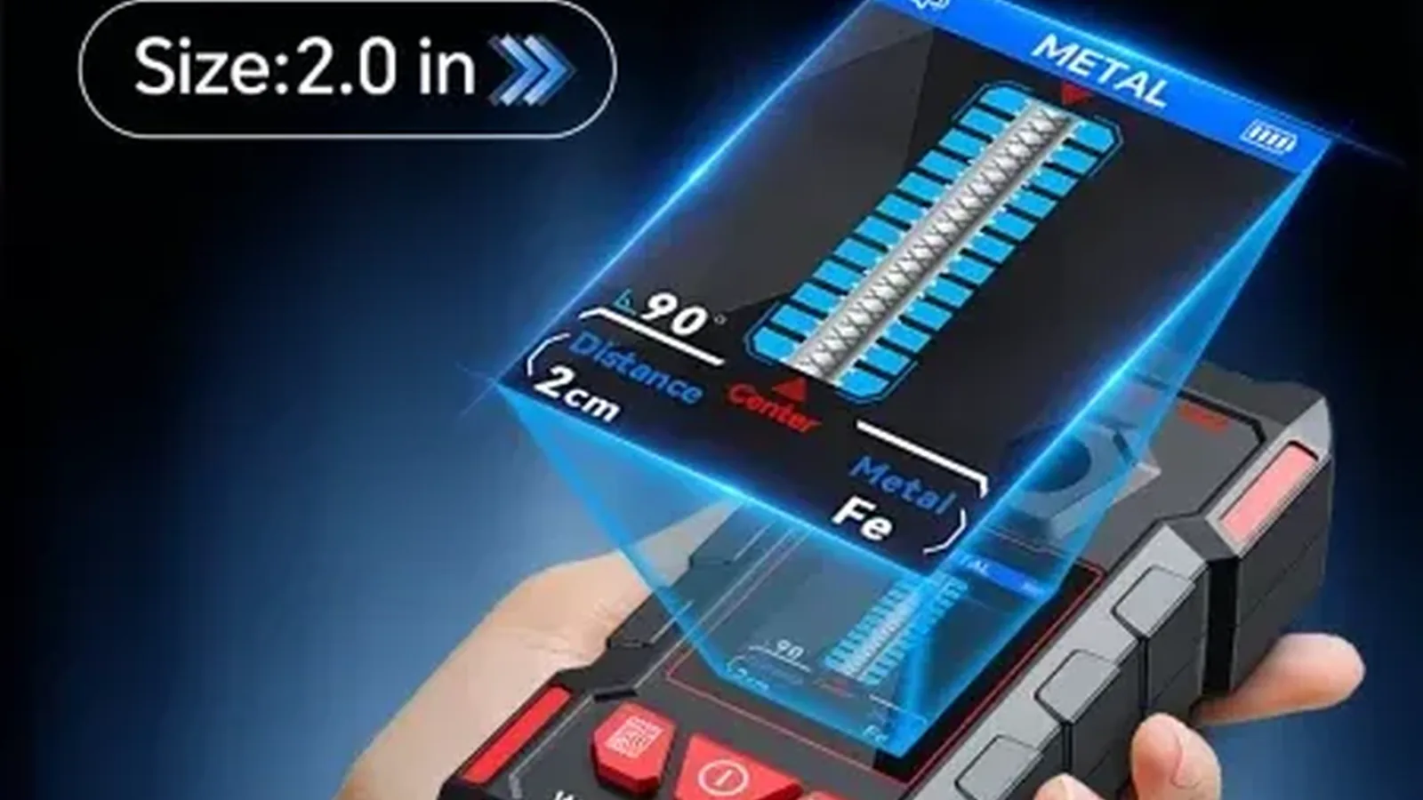 Hand holding a handheld electronic stud sensor showing a digital metal-detection readout.