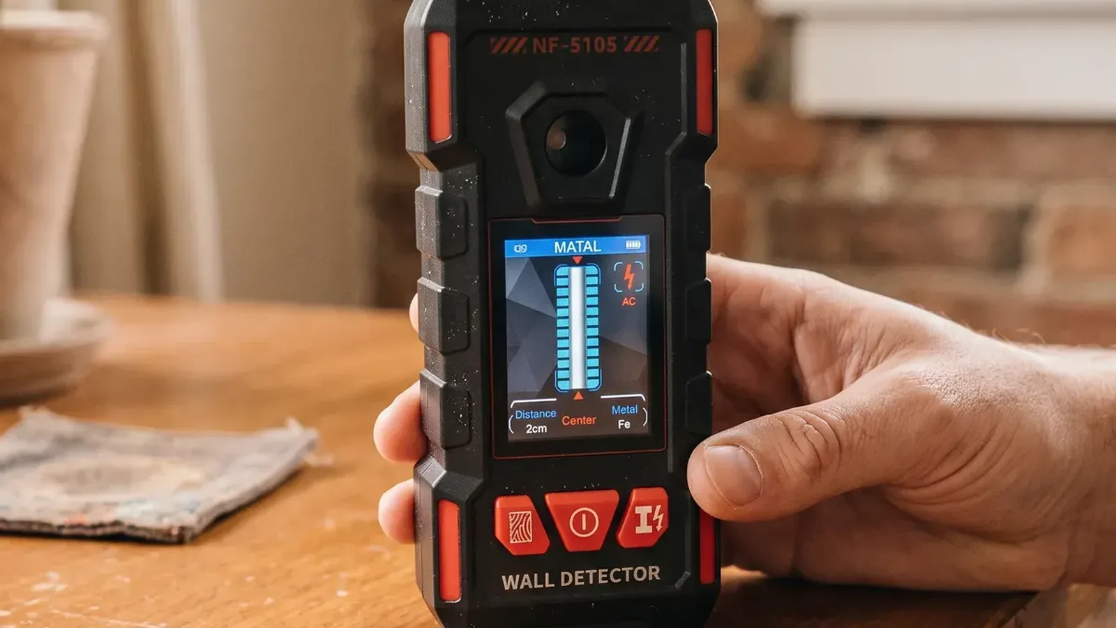 Hand holding a wall detector with a digital display.