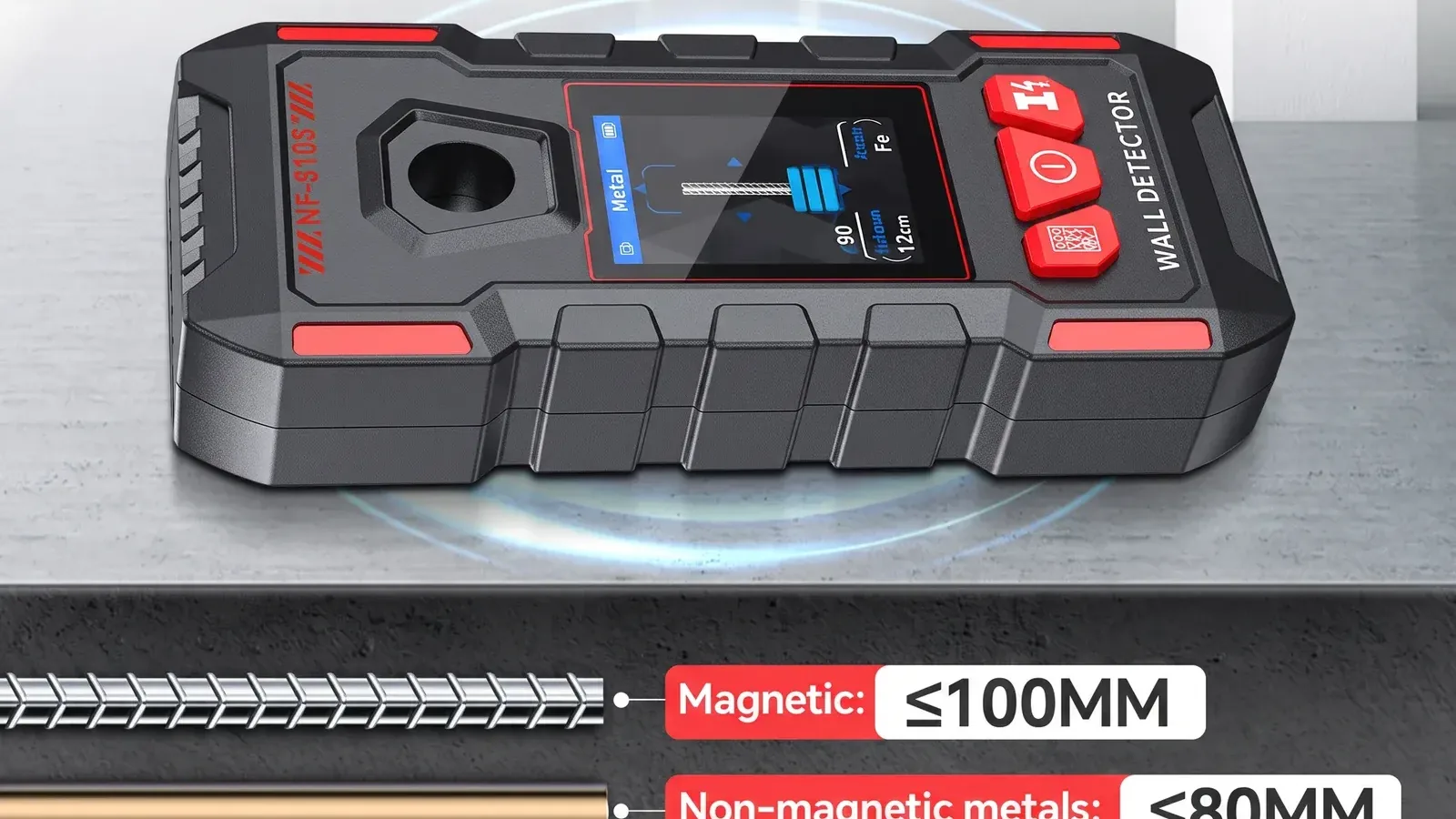 black and red wall detector device on a surface showing metal detection screen