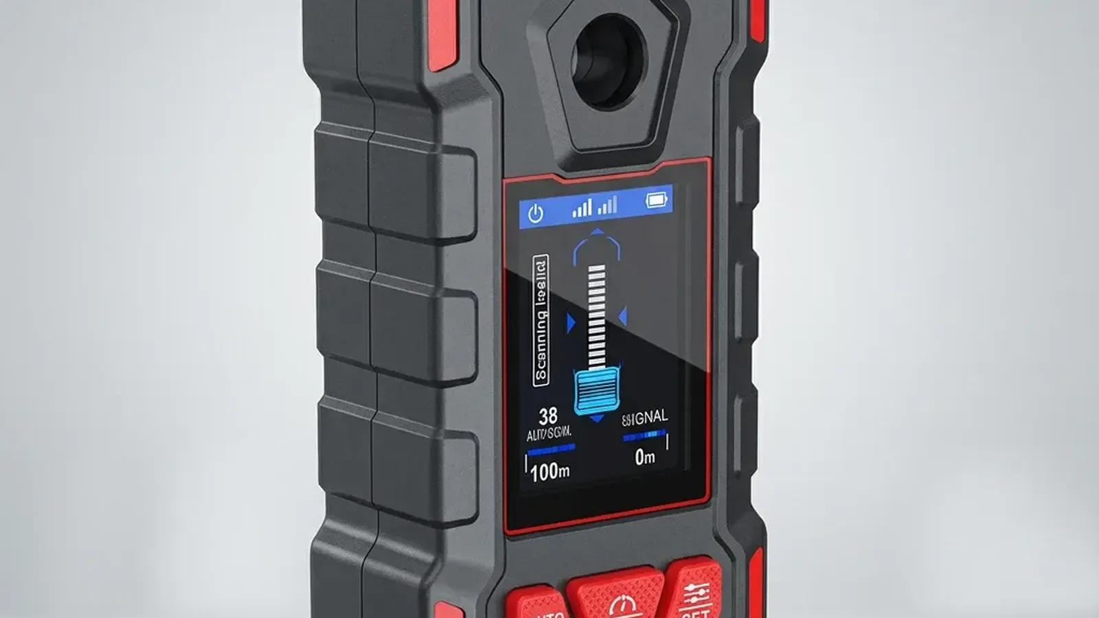 Close-up of a digital wall scanner device with screen and control buttons