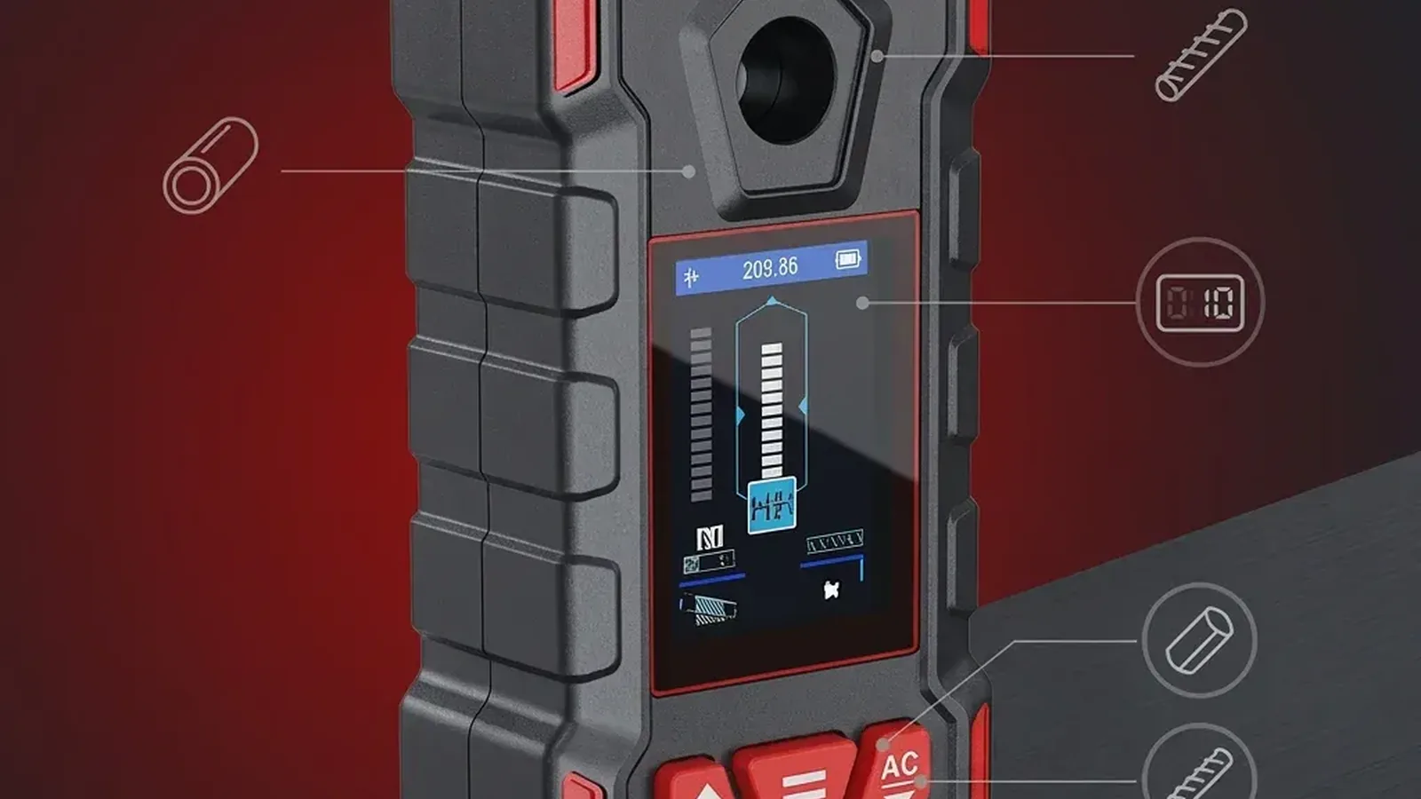 Handheld wall scanner with a digital display and red buttons
