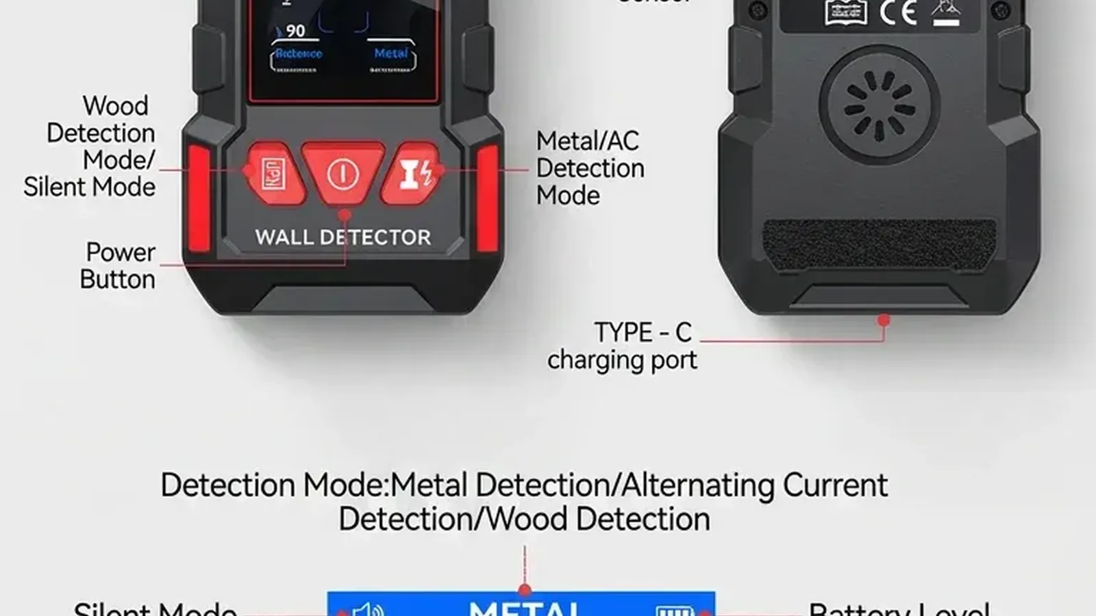 Black handheld wall detector with labeled detection modes and charging port.