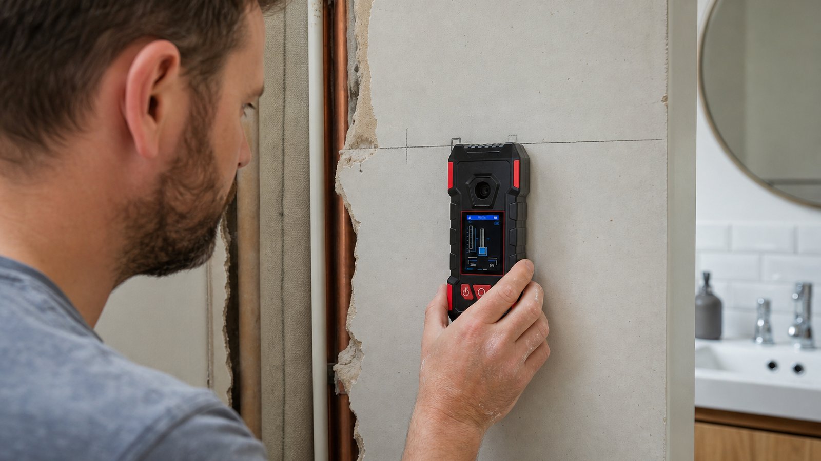 Electronic wall detector scanning near a UK pipe chase before drilling