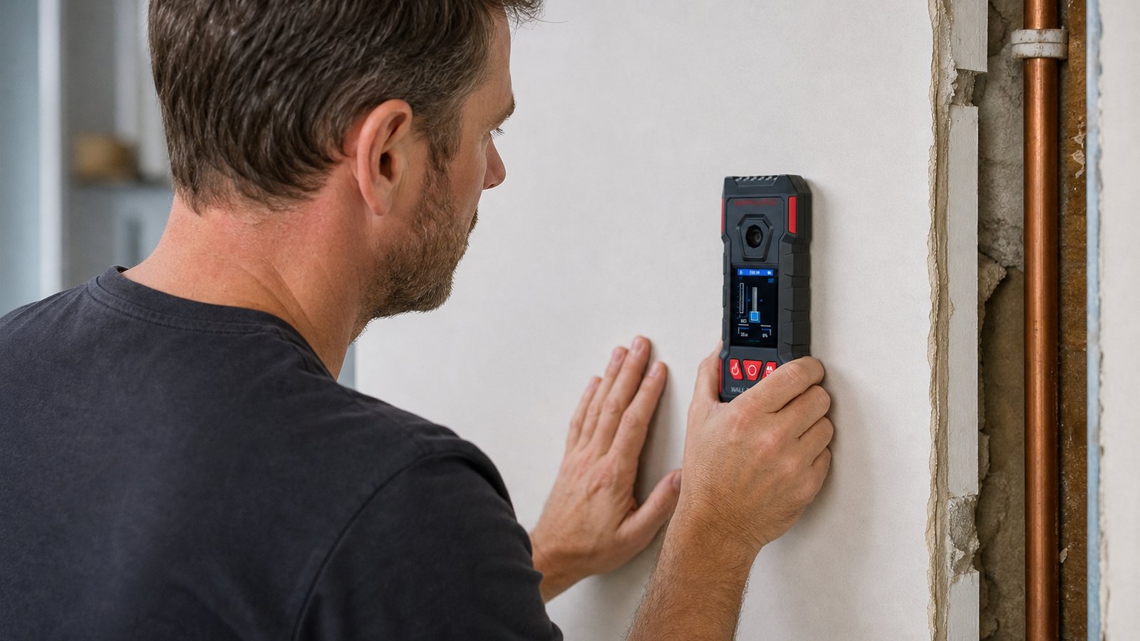 Electronic wall detector scanning near a UK pipe chase before drilling